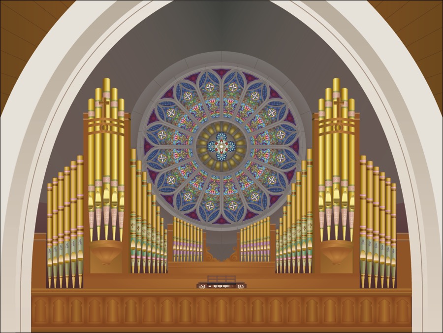 The stenciled pipes of St. Lawrence's Felgemaker organ, a popular technique before 1930.